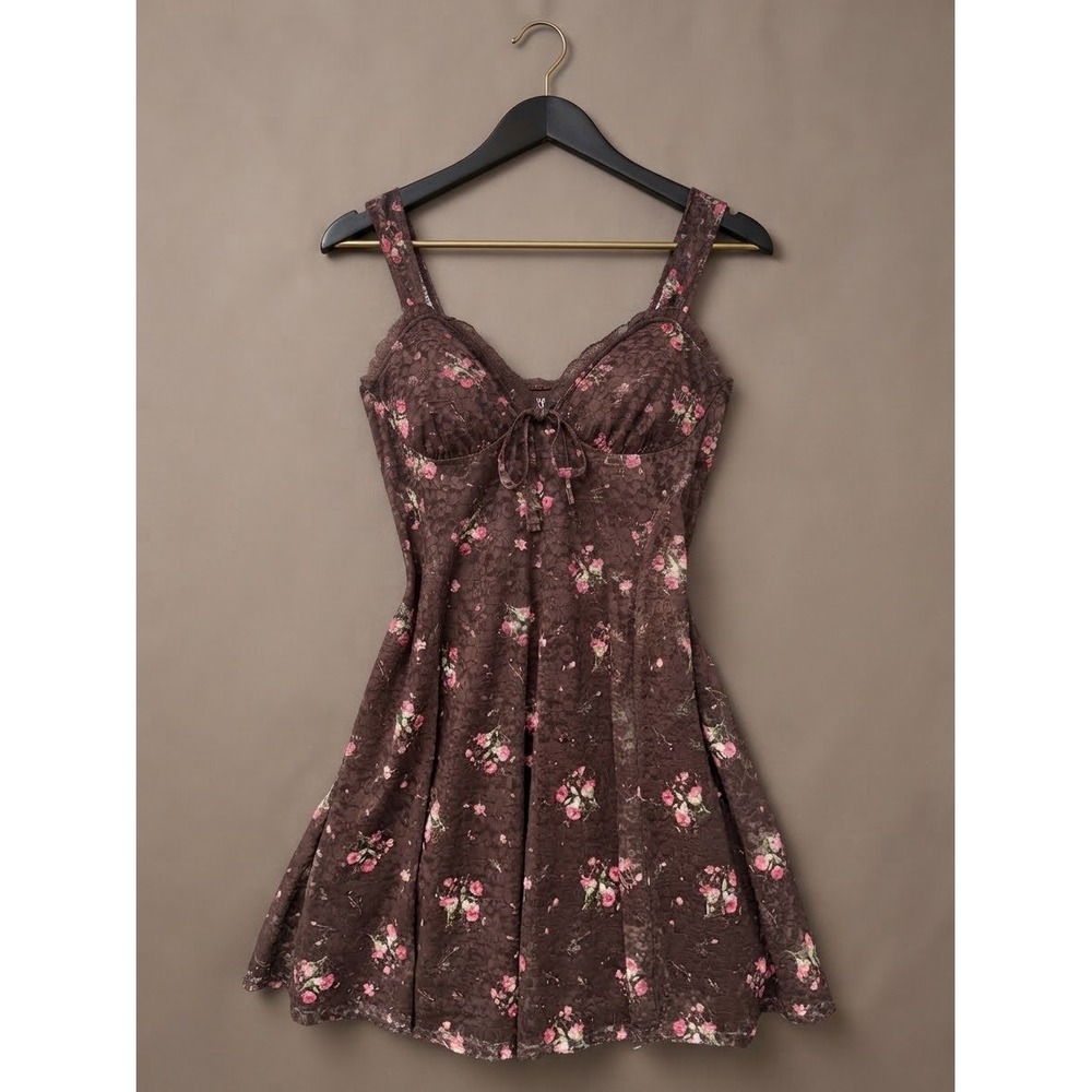 Chocolate Brown Floral Lace Mini Dress Sweetheart Forest Fairy Lace Granola Girl
